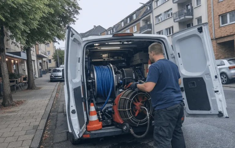 Rohrreinigungstechniker im Notdienst mit Servicewagen und Werkzeug, jederzeit einsatzbereit in Wanheim.