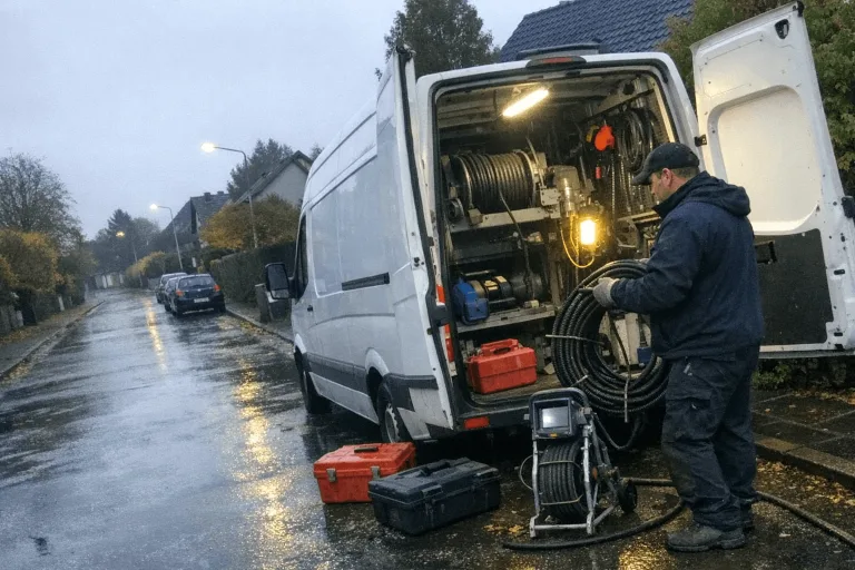 Dunkler Hintergrund mit Werkzeugen zur professionellen Rohrreinigung
