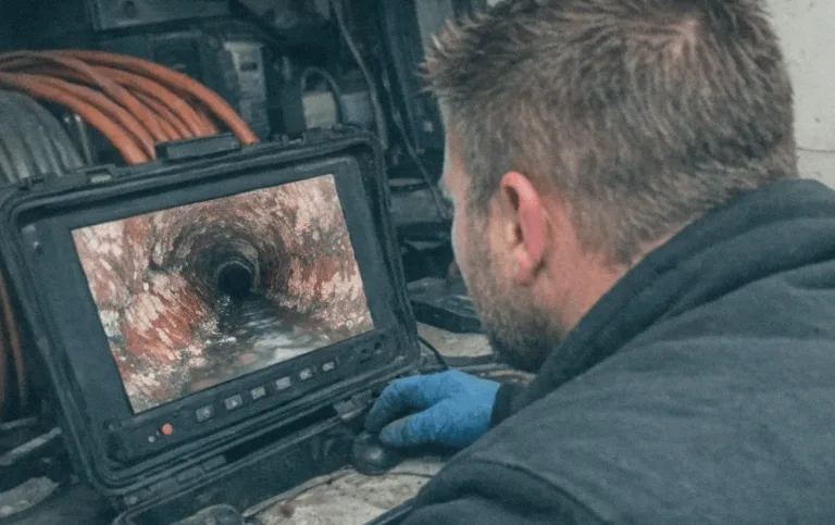 Monitor mit Kamerabild aus dem Inneren eines Abwasserrohrs bei einer Kanalinspektion
