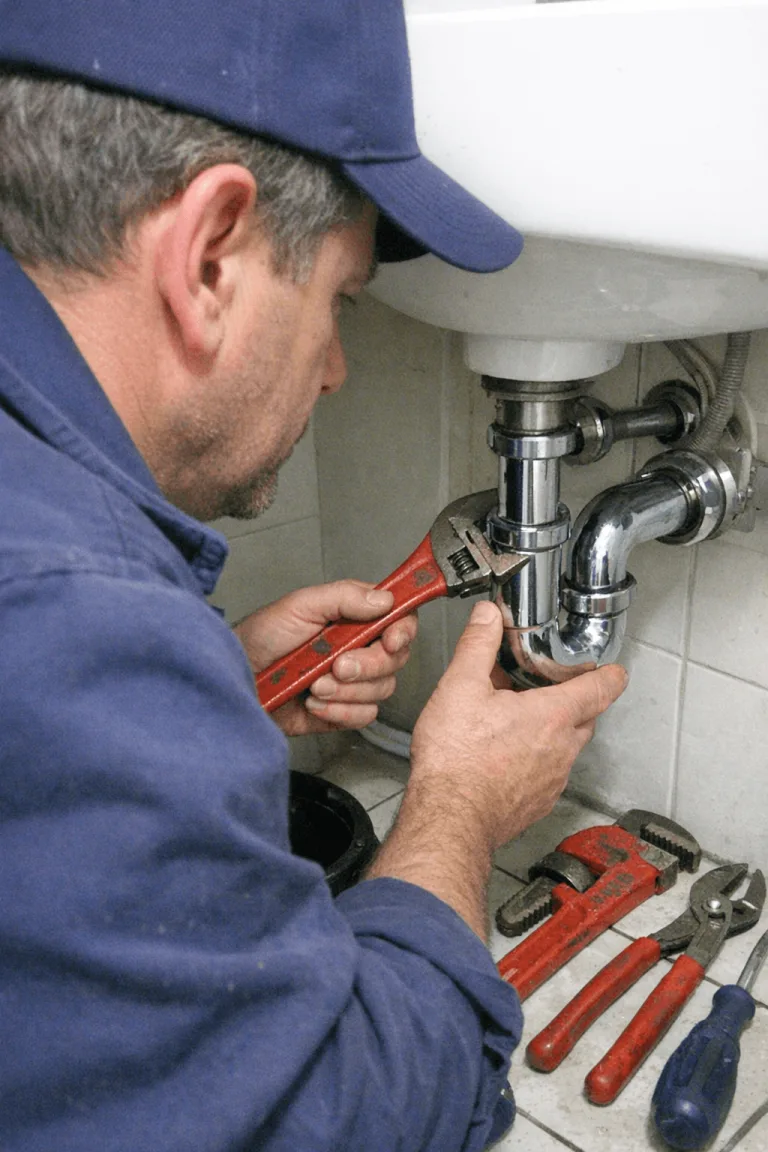 Techniker reinigt sorgfältig den Siphon im Badezimmer einer Wohnung in Siedlung Johannenhof.