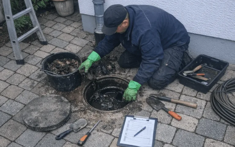 Techniker wartet Außenschacht am Gebäude für die Reinigung der Hauptkanalleitung.