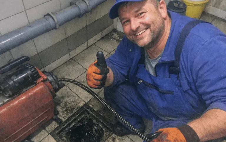 Freundlicher lokaler Techniker vor Wohnhaus im Afrikaviertel mit professioneller Ausrüstung zur Abflussreinigung.