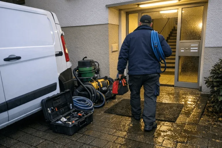 Notdienst-Techniker kommt mit Einsatzfahrzeug zu einem Wasserschaden