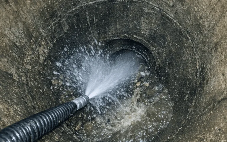 Techniker reinigt Außenkanal in Bruckhausen mit Hochdruck-Wasserstrahl am offenen Schacht.
