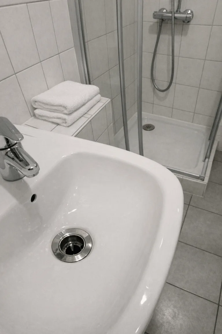 Sauberes, funktionierendes Badezimmer in einem Wohnhaus