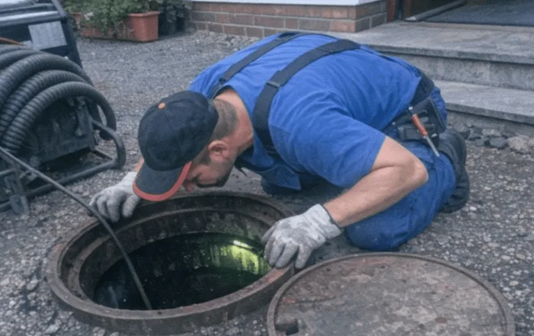 Techniker bei offener Schachtöffnung während einer Outdoor-Kanalinspektion im Kanal-Service in Hamborn.