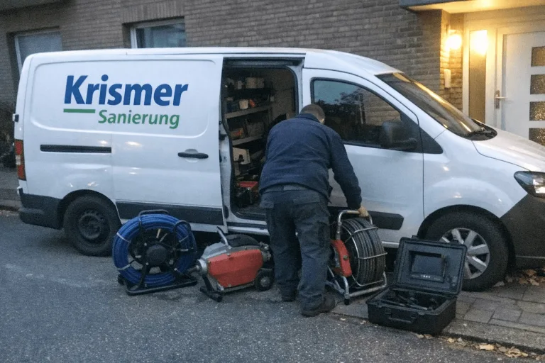Transporter eines lokalen Rohrreinigungsdienstes in Eisenbahnsiedlung, Techniker lädt Geräte auf Wohnstraße aus.