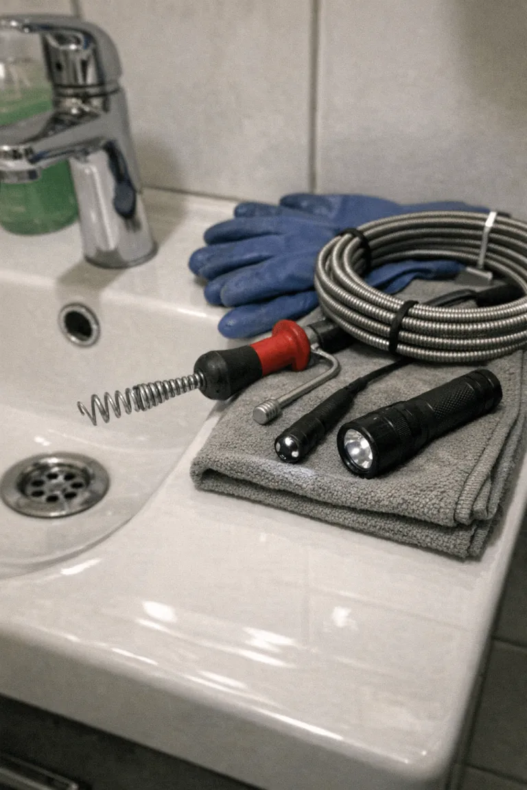 Professionelle Rohrreinigungswerkzeuge neben einem Waschbecken im Bad