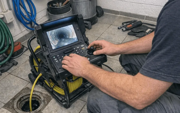 Techniker mit Kanalinspektionskamera, Monitor und Kabeltrommel bei Rohrprüfung im Wohngebiet.
