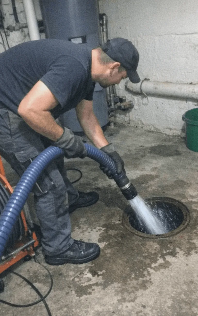 Techniker bedient Spiralmaschine bei einer Rohrreinigung