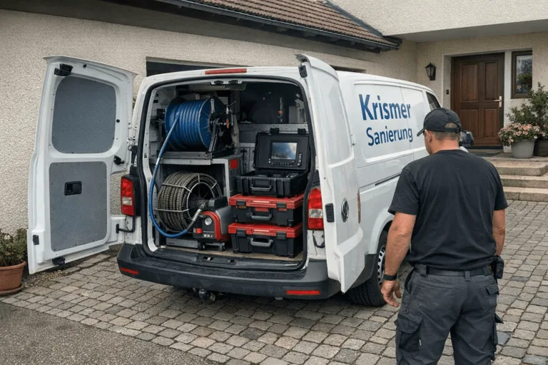 Firmenfahrzeug von Krismer Sanierung bei einem Einsatz zur Rohrreinigung